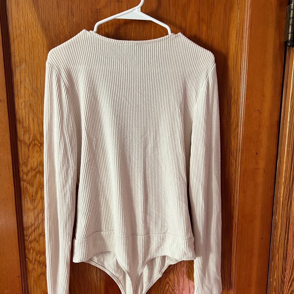 Express Cream Ribbed Wrap Top - Picture 2 of 6